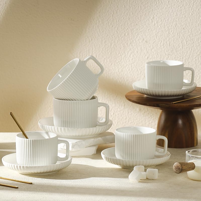 5 Ounce Espresso Cups Set of 4, Small Coffee Cups with Saucers and Spoons, White Cream Ceramic Demitasse Espresso Mugs - Image 9