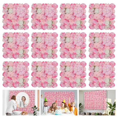 Flower Wall Backdrop 12 Piece of 16.5x16.5 Inch Floral Wall Panel Artificial Silk Rose Wall Decor Ideal for Wedding Celebrations, Festive Party Backdrops, and Home Decor-Pink
