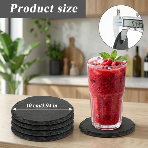 2 STK Schwarze Schiefer Untersetzer 10x10cm Rund Natur Schiefer Getränkeuntersetzer Schieferplatte Servierplatte Deko Mit Anti-Kratz-Boden Für Sushi Steak Käse Tassen Hochzeit