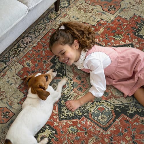 GENIMO 2x5 Runner Rugs for Hallway, Machine Washable Non Slip Vintage Rugs, Low Pile Lightweight Soft Print Rug for enrtyway, Corridor, Home Office, Kitchen,Desert Ember