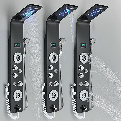 Columna de Ducha Negro con Panel LED, Cascada y Masaje Corporal, Sistema Torre de Ducha con Chorro Lluvia y Catarata miniatura 5