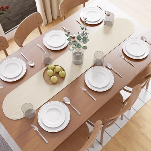Image of Encasa XO Table Runner for 4 Seater | Handmade Ribbed Style Cotton | 30x137 cm | Off White | for Dining & Center Table