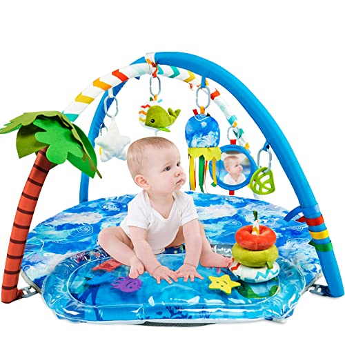 Image of SYNPOS Baby Gym Play Mat with Tummy Time Water Mat, Ocean Baby Activity Gym with Pentagram/Whale Pendant, Thicker Baby Play Gym with Stacking Nesting Toys, Palm Tree Baby Mat for Infant Gift