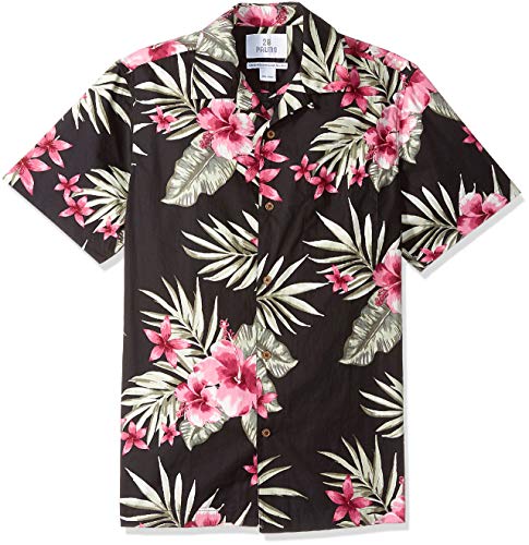 Amazon Brand - 28 Palms Men's Standard-Fit Tropical Hawaiian Shirt, Black/Pink Hibiscus Floral, X-Large