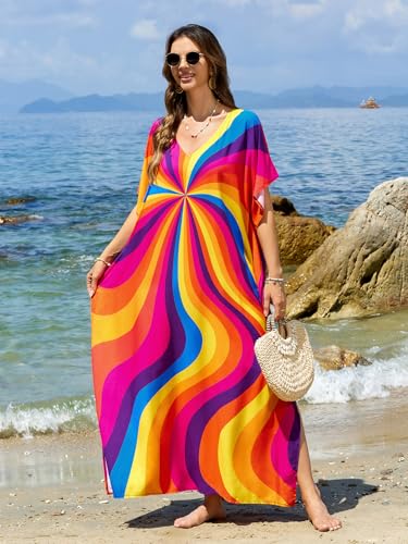 Image of sunforyou Kaftan Dresses for Women Plus Size Lightweight Swimsuit Cover up Batwing Sleeve Print Loungewear Beach Robe