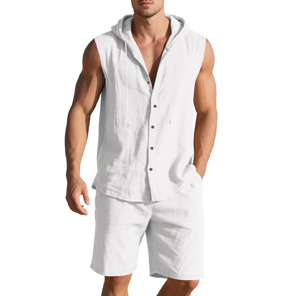 Conjunto de lino para hombre 2 piezas con capucha y pantalones cortos de playa verano