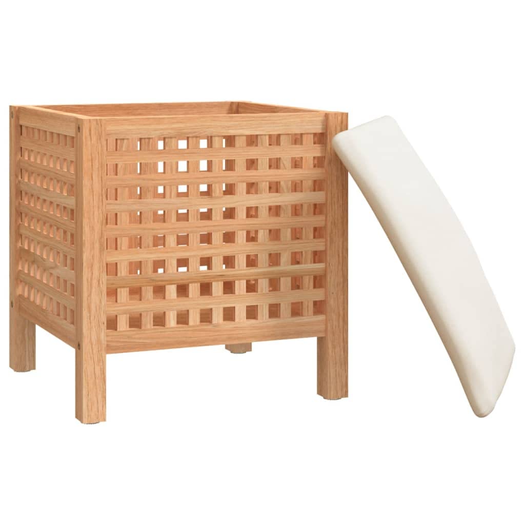Taburete de baño de madera maciza de nogal con espacio de almacenamiento y cojín, 48 x 47,5 x 52 cm, asiento 2 en 1 y cesta para la ropa sucia con ventilación