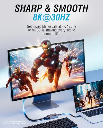Image of SABRENT 8K USB Type-C to HDMI Adapter - 8K@30Hz & 4K@120Hz, HDR10 /Dolby Vision, VRR & FreeSync, Compatible with Laptops, Tablets, Smartphones, Portable Gaming Systems, Aluminum Design (DA-CH8K)