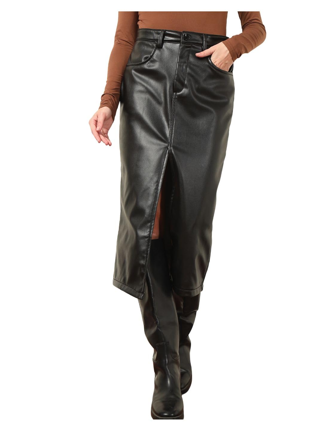 tandul Women Skirt - Solid Black Regular Below Knee/Midi, Casual Faux Leather Tube - 2XL-picture-20