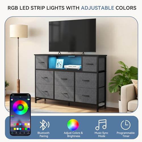 Image of DUMOS TV Stand Dresser with 8 Fabric Drawers and Open Shelves, LED Entertainment Center with Charging Station, Wood Top Media Console for 45-55 inch, Bedroom, Grey