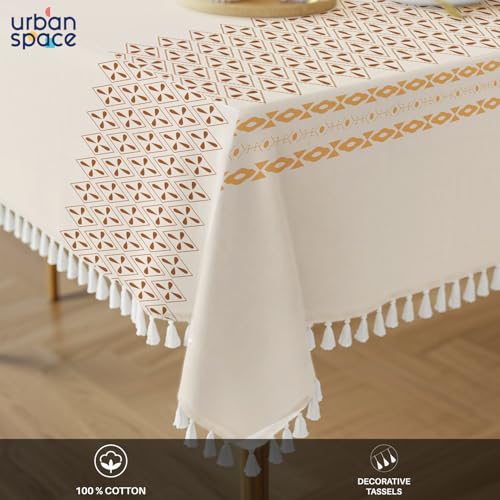 Image of Urban Space 100% Cotton Square Dining Table Cover, Printed Anti Skid Table Cloth for Dining /Center Table, for Upto 4 ft x 4 ft Table (Size - 48 inch x 48 inch - Square, G Border Taupe)