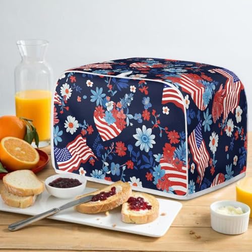 Image of American Flag Eucalyptus Flower 2 Slice Toaster Dust Cover with Top Hook Toaste Oven Dust Protection Cover for July 4th Independence Day Decor
