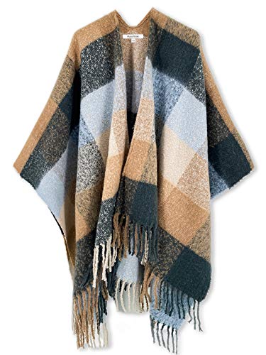 Moss Rose Women's Travel Plaid Shawl Wrap Open Front Poncho Cape for Fall Winter