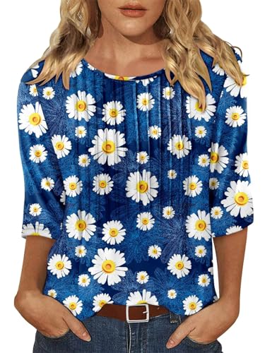 KISSMODA Tunic Tops for Women Loose Fit Dressy Round Neck Pleated 3/4 Length Sleeve Spring Tops