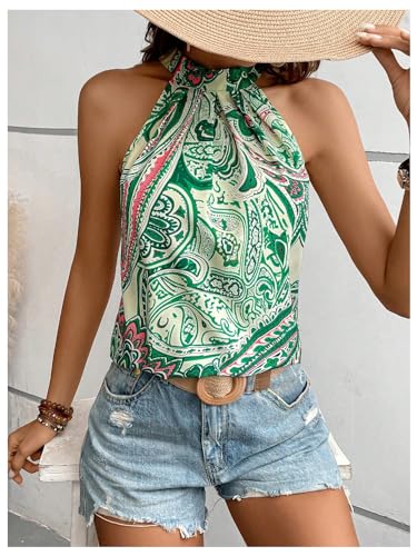 Image of RoseSeek Women's Tropical Paisley Halter Blouse Boho Shirt Vacation Tops | Polka Dots Print, Halter Tops, Summer Tops, Going Out Tops, Beach, Dressy Tops, Boho Blouses