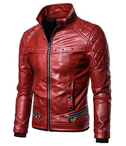 Chouyatou Men's Removable Fur Collar Sherpa Lined Steampunk Faux Leather Jacket (Large, Red) #TOP3
