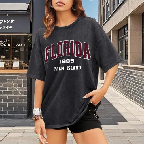 Image of Florida Beach Hawaiian T Shirts for Women Vintage Graphic Tees Acid Wash Oversized Tshirt Summer Cotton Tops