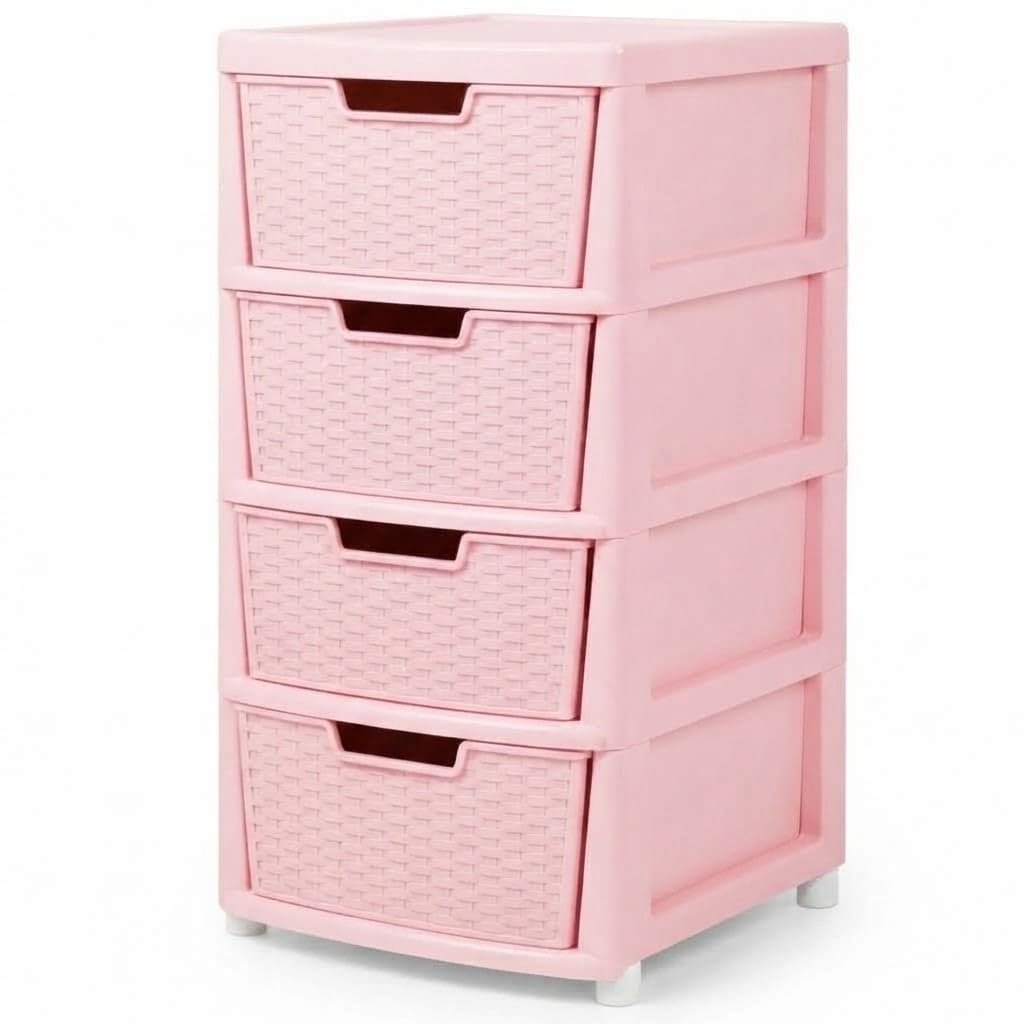 ZYORA 4 Tier Large Pink Rattan Effect Drawer - Plastic Durable Stylish with Smooth Pull Drawers - Multipurpose Storage Unit Cabinet Organizer for Home Office, Bedroom, Bathroom, Garage