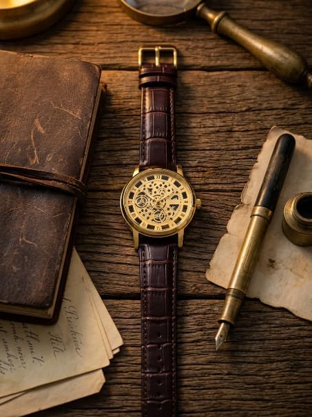 Image of Men's Skeleton Automatic Mechanical Watch - Gold Transparent Dial with Roman Numerals & Brown Crocodile Leather Strap Wrist Watch for Men