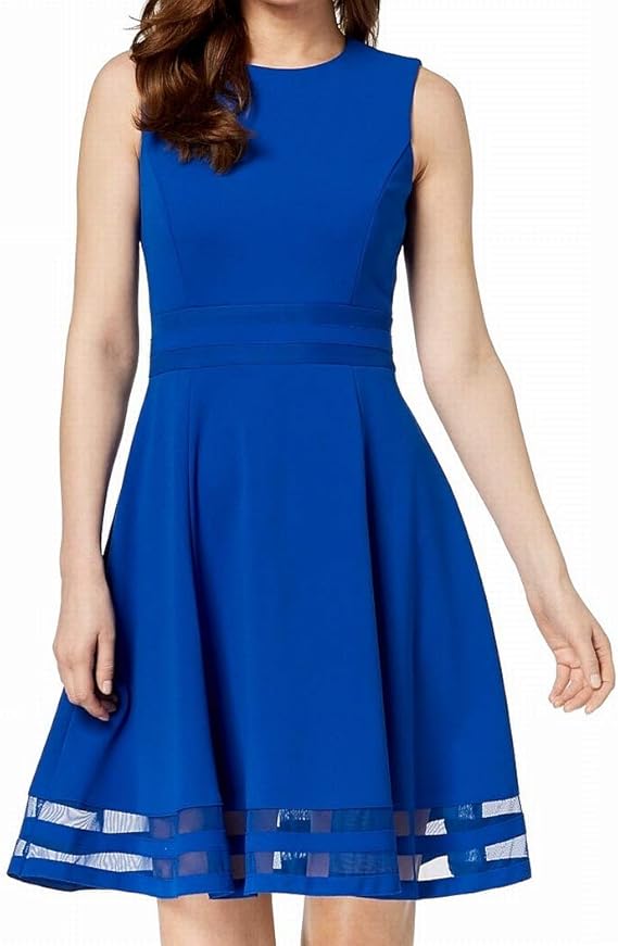 calvin klein women's sleeveless round neck fit and flare dress with sheer inserts