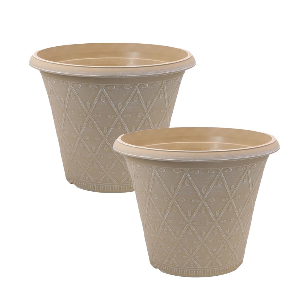 Shopior 30Cm - Ginger Plastic Prisma Planters Round | Festive Garden Planting Pot 9L – Round Garden Plant Pots With Drainage Holes | Weatherproof Decorative Patio Flower Pot (Powdered Ginger, 30Cm - 2Pack)