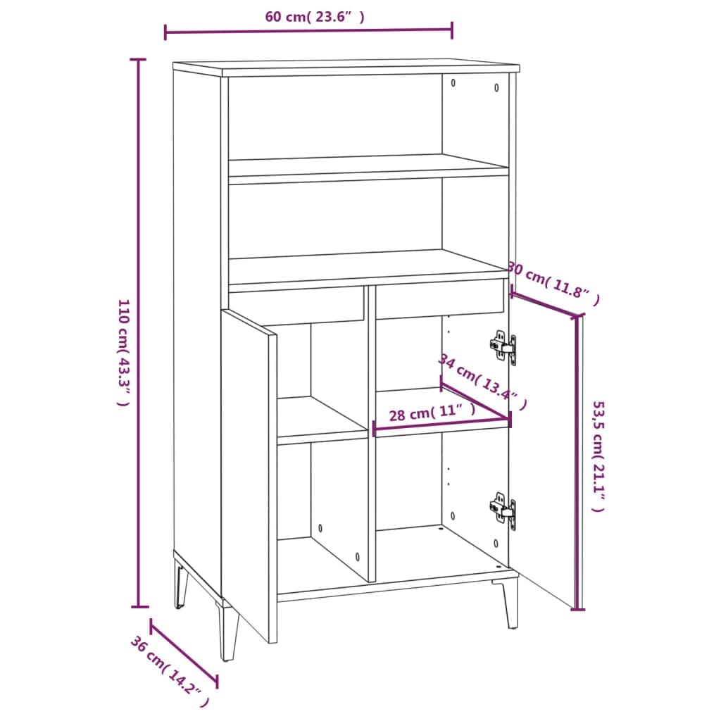Armadietto alto, bianco, 60 x 36 x 110 cm, in legno con piedini in metallo, per soggiorno, corridoio, sala da pranzo, robusta cassettiera con ante, ripiani, ideale per armadi da soggiorno