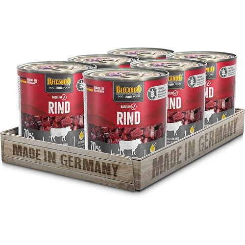 BELCANDO Baseline Nassfutter für Hunde, Rind, 6X 800g Dose, 70% Fleisch für ausgewachsene Hunde, Hundefutter nass ohne Getreide, Made in Germany