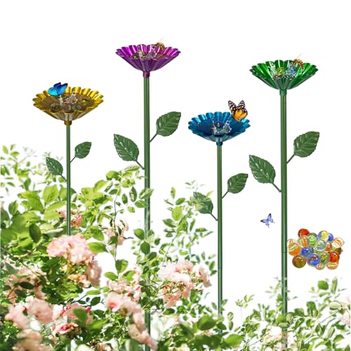 Bee Watering Station for Garden with 20 Marbles,Butterfly Watering Station for Outdoor Decor in Flower Design,Water Feeder to Attract Pollinators(Red,Green,Blue,Yellow)