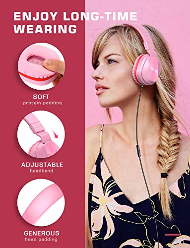 PeohZarr On-Ear Headphones with Microphone, Lightweight Folding Stereo Bass Headphones with 1.5M Tangle Free Cord, Portable Wired Headphones for Smartphone Tablet Laptop Computer MP3/4-Pink