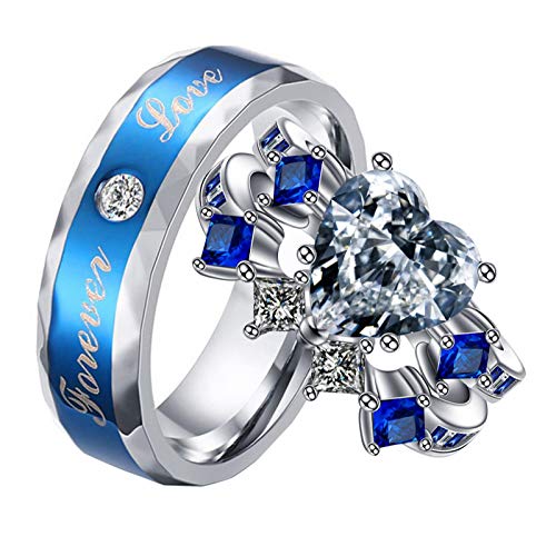 Engagement Ring Promise Ring for Couples Silver Blue Cubic Zirconia Heart Shape Ring
