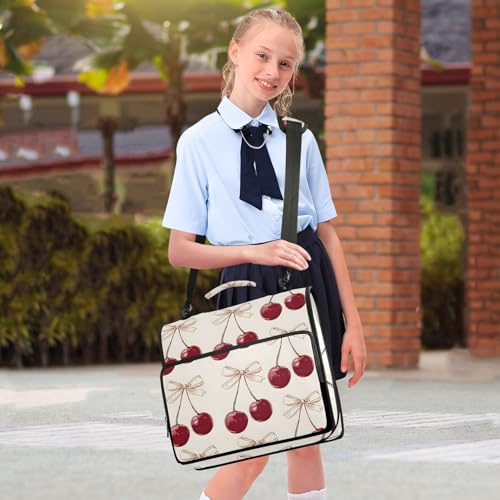 Image of Cherry Pink Bow Cherries Zipper Binder Bag 3 Ring Binder with Shoulder Strap Zip Up 500 Sheets Capacity Multi Pockets for School Office Supplies