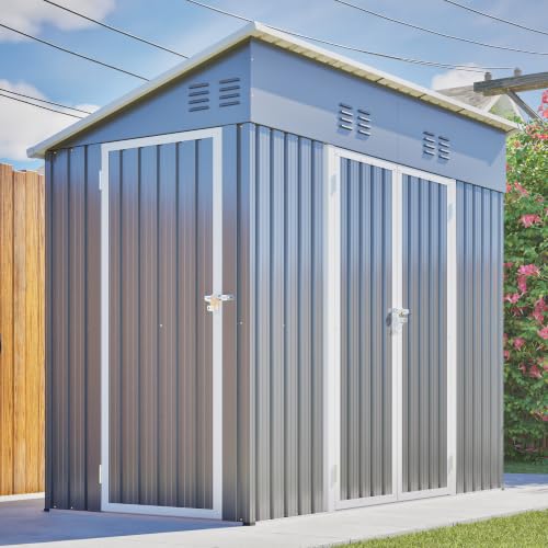 Image of YOPTO 4x8 FT Outdoor Storage Shed with Floor Frame,Metal Shed W /Left /Right Optional Lockable Door,Heavy-Duty Garden Tool Storage House W / 4 Air Vents & Sloping Roof,for Backyard,Patio,Lawn,Gray
