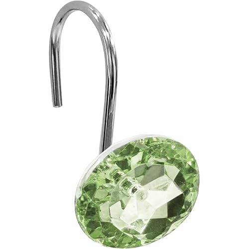 Gibelle Shower Curtain Hooks, Diamond Shaped Shower Curtain Rings Hooks for Bathroom Curtains Rod, Acrylic Decorative Rhinestones Bling Rolling Bathroom Accessories Set of 12, Sage Green