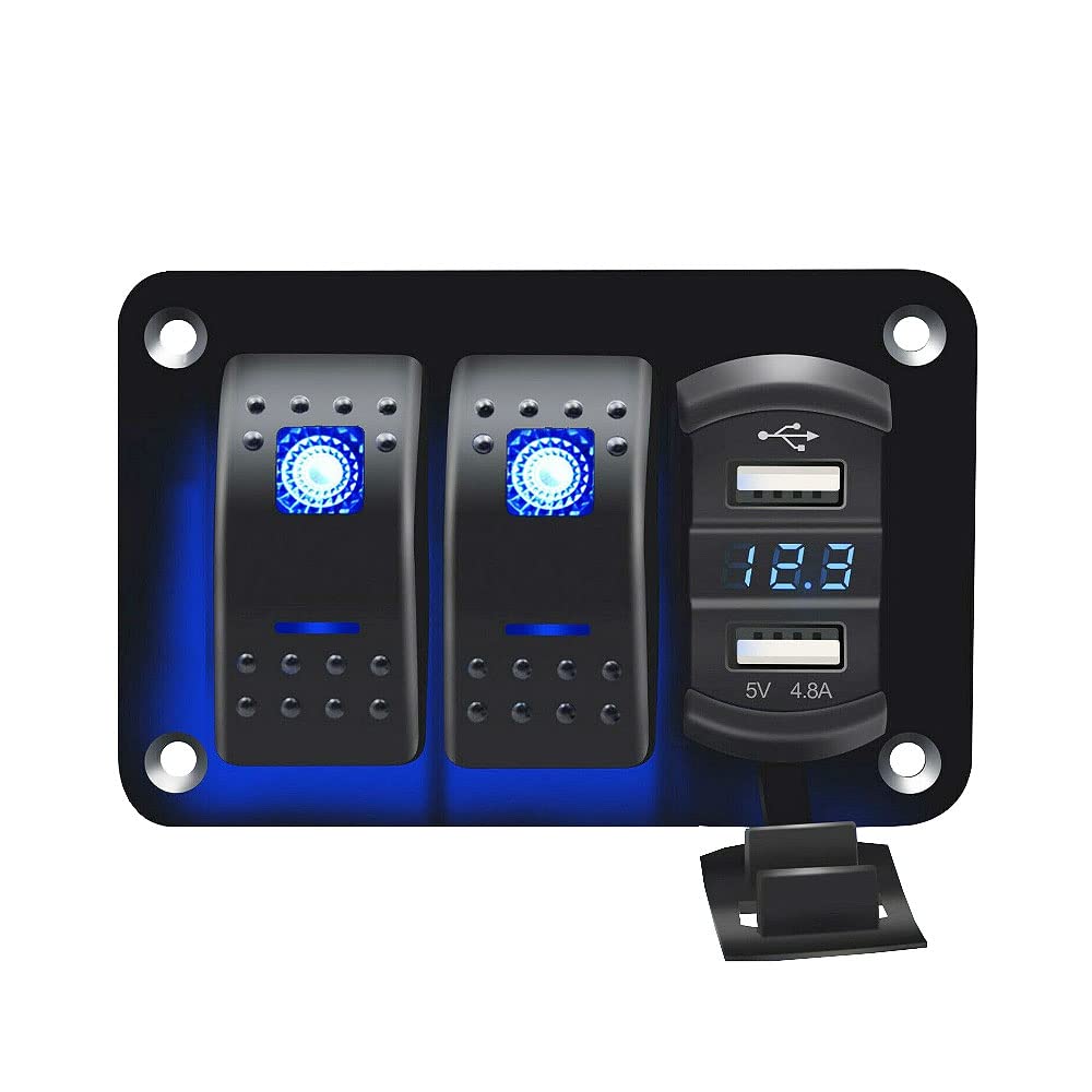 Riloer 2-drożny panel przełączników kombinowanych, 12 V / 24 V łódź morska samochód kempingowy ciężarówka podwójne gniazdo USB On-Off przełącznik kołyskowy panel sterowania, z niebieskim/czerwonym/zielonym światłem LED