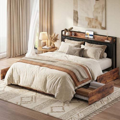 Image of LIKIMIO California King Bed Frame with 4 Storage Drawers, Platform Bed with Charged Headboard, Sturdy and Stable, No Noise, No Box Spring Needed, Easy to Install, Vintage Brown and Black
