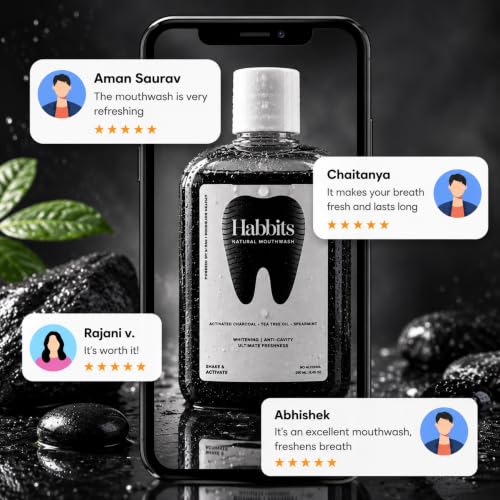 Image of Habbits Charcoal Mouthwash - 250ml | Teeth Whitening & Stain Remover Mouth Wash Liquid | Oral Care, Sensitivity Relief, Fresh Breath, Anti-Cavity & Gum Protection | Alcohol-Free | n-HAP & Spearmint