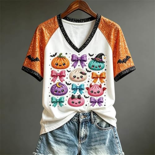 Halloween Shirts for Women Pumpkin Ghost Cat Short Sleeve Costume T-Shirt - image 2