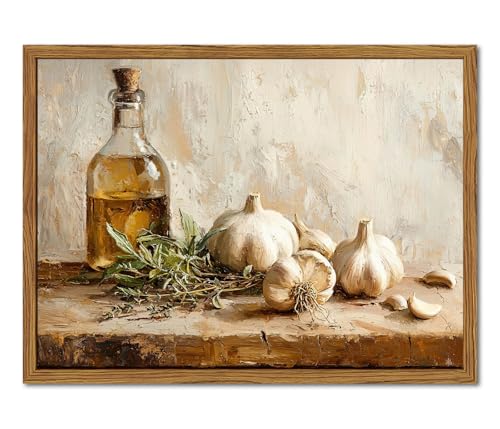 Framed Vintage Kitchen Canvas Wall Art, Rustic Garlic and Herbs Pictures Wall Decor, Neutral Still Life Paintings Prints Aesthetic Home Decor for Farmhouse Dining Room Living Room 12x16 inch