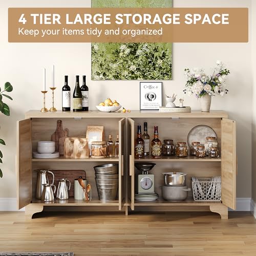 GarveeHome 4-Door Sideboard Buffet Cabinet, Natural Rattan Storage Cabinet, Boho Entryway Console Table, Coffee Bar Station for Dinning Room, Living Room, Kitchen