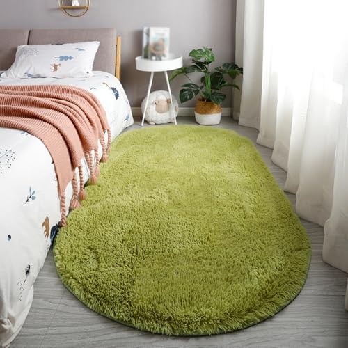 Treer alfombrar Oval de Pelo Largo para Salón, Dormitorio Modernas Lavables Antideslizante Alfombra Shaggy, Esponja área (40x60cm, Hierba Verde)
