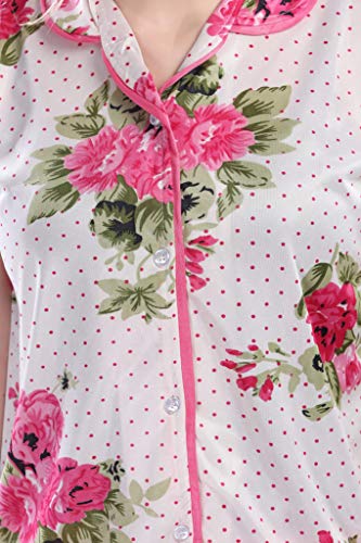 Image of Printed Night Suit for Women - Flower Print Satin Shirt and Pyjama Set (Front Open Collar Night Suit)