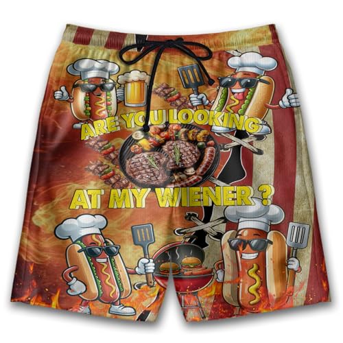 Hot Grill Mens Swim Trunks - BBQ Grill Hawaiian Mens Shorts Casual Camping Drawstring Beachwear Shorts