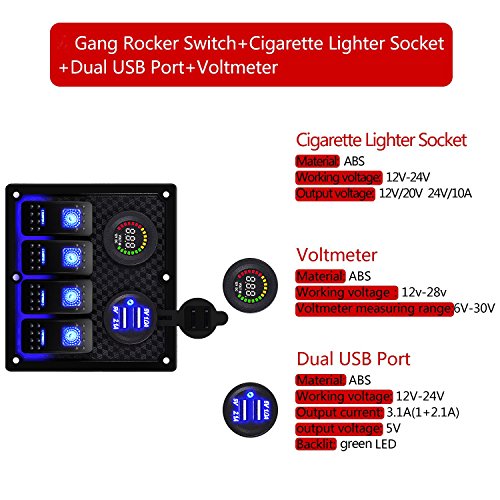DCFlat 5 Pin 3 Gang / 4 Gang / 6 Gang Car Marine Boat Circuit RV LED Toggle Rocker Switch Panel Breaker Voltmeter with Fuse Double USB for RV Car Boat Blue/Red/Green Light (4 Gang New) - Thumbnail 6