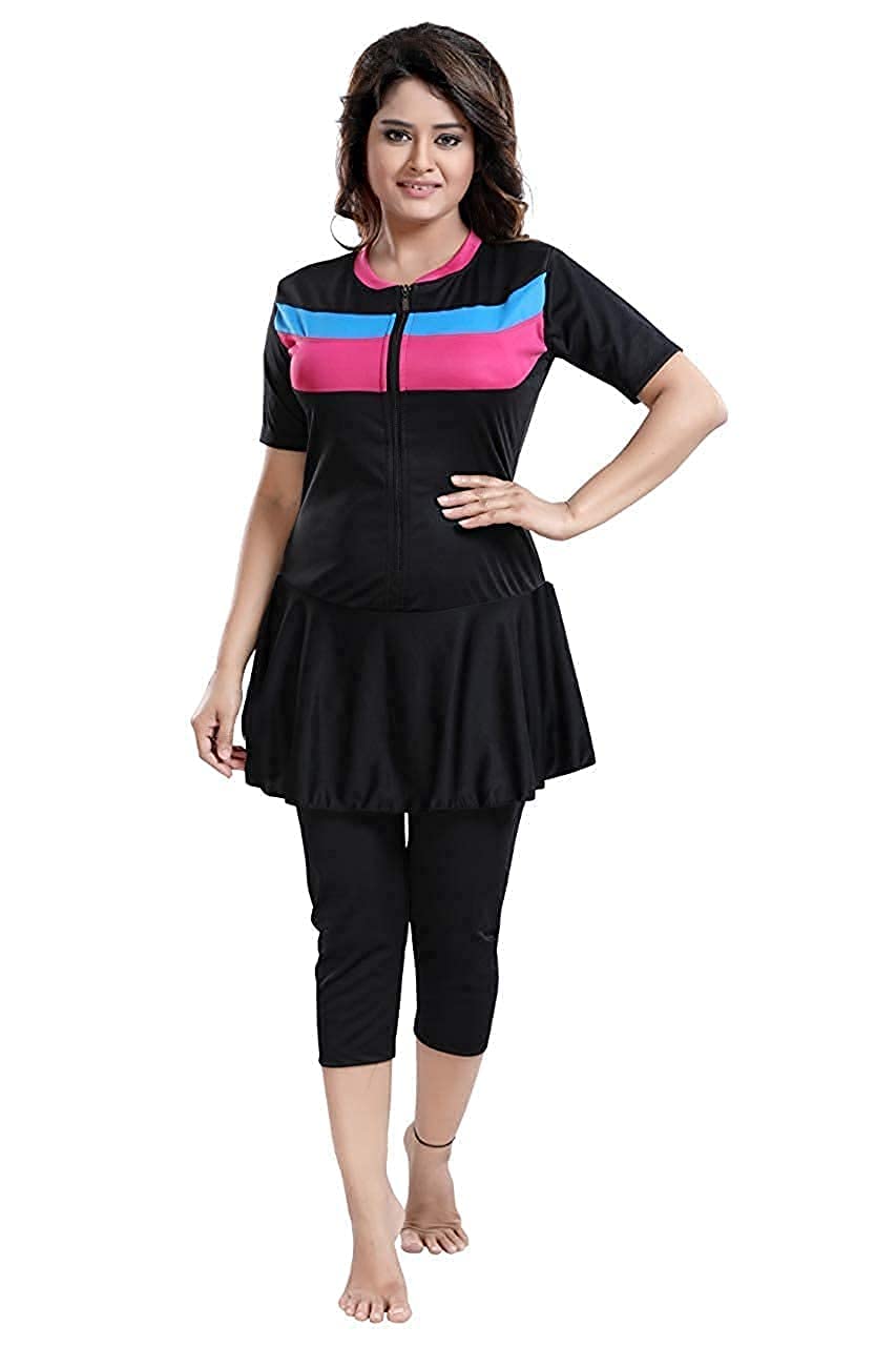 Aquado Womens one -Piece Swimwear, Half Sleeves,capricut, Swimming Costume, Two Way Stretchable Polyester Fabric, U.V.Protection.