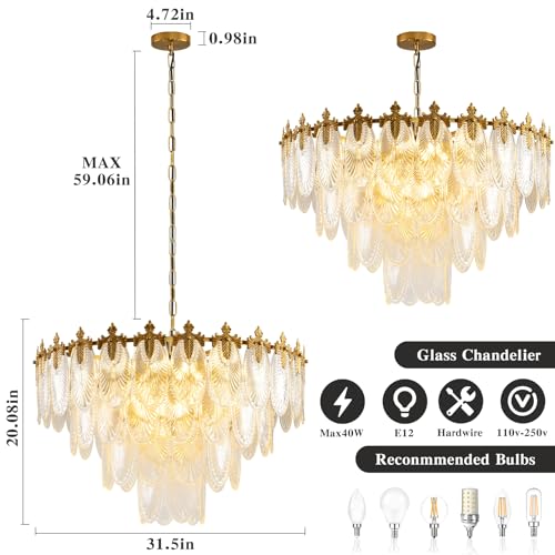 KELUOLY Modern Large Crystal Chandelier, 4-Layer Gold Glass Chandelier, 12 Light Round Antique Ceiling Pendant Light, 31.5 Inchs Adjustable Height for Foyer, Living Room, Bedroom, Dining Room by KELUOLY - Image 3
