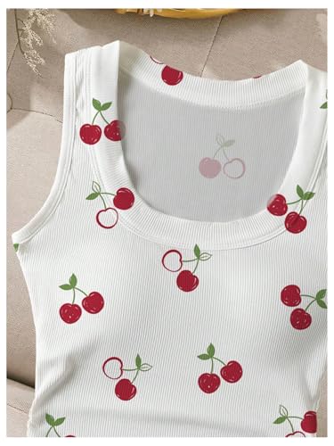 WDIRARA Women's Cherry Print Curve Hem Tank Top Sleeveless Scoop Neck Rib Knit Shirts3