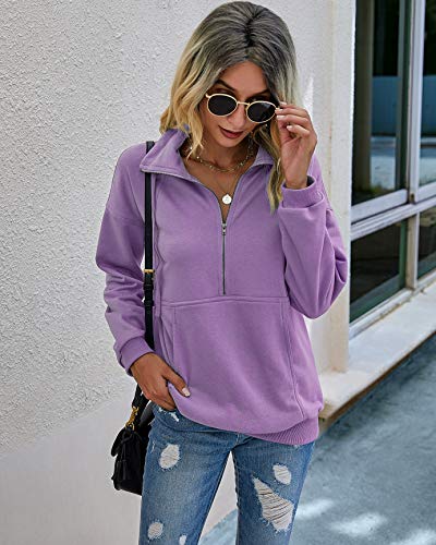 Image of PRETTYGARDEN Women's Casual Long Sleeve Zipper Sweatshirt Drawstring Loose Quarter Zip Pullover Tops with Pockets