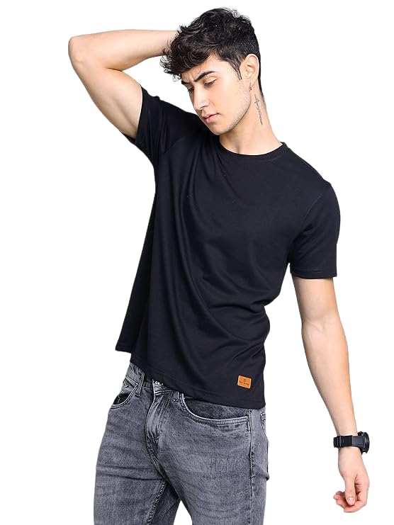 PAUL STREETMen's Black Pure Cotton Round Neck Solid Slim Fit T-Shirt