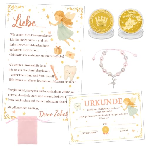WALLFID Zahnfee Geschenk Set für Kinder Brief Glücksmünze Karte Feenband & Samtbeutel magisches Set zum ersten Zahnverlust liebevolle Überraschung für Mädchen & Jungen