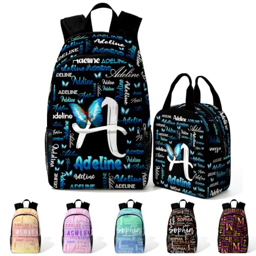 Image of Custom Backpack for Kids Personalized Girls Backpacks Back to School Set | Kids Customized Toddler Backpack for Girl with Lunch Bag Book Bag Kindergarten Prek Preschool Gifts Black Butterfly Initial